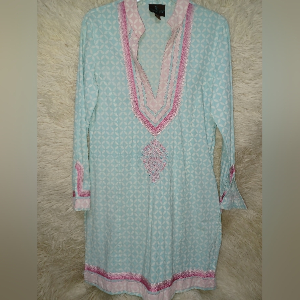 Blue and Pink Patterned Tunic Dress